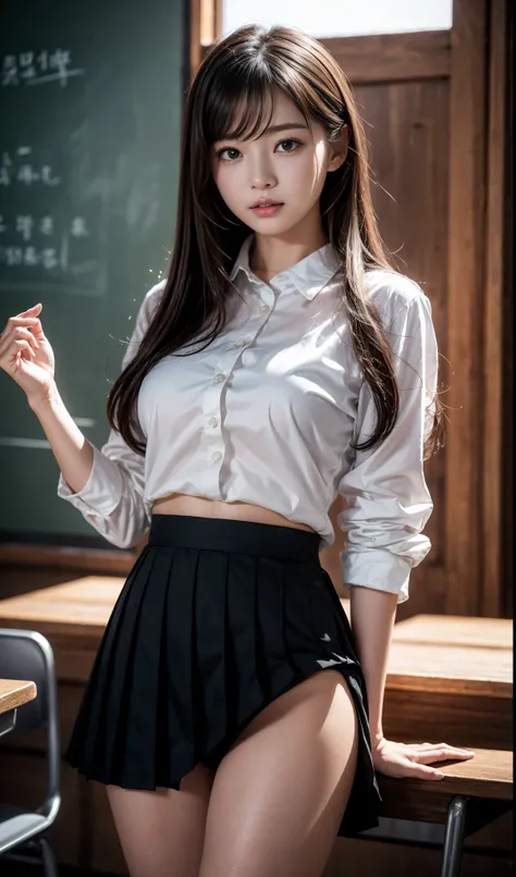 masterpiece,  top quality, 8k,  Young, Beautiful Girl , baby face、The clothes are big 、Photo shoot, 귀여운 얼굴, Thigh,  bright classroom ,  ((( perplexing)))、 perplexing、No makeup, 10s,  detailed face,  blurry background、 tight waist 、((((、 white shirt、 check ...