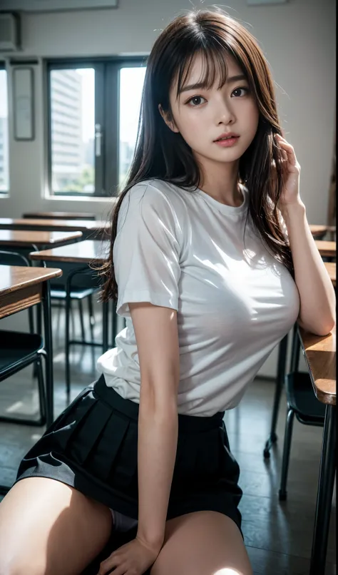 masterpiece,  top quality, 8k,  Young, Beautiful Girl , baby face、The clothes are big 、Photo shoot, 귀여운 얼굴, Thigh,  bright classroom ,  ((( perplexing)))、 perplexing、No makeup, 10s,  detailed face,  blurry background、 tight waist 、((((、 white shirt、 check ...