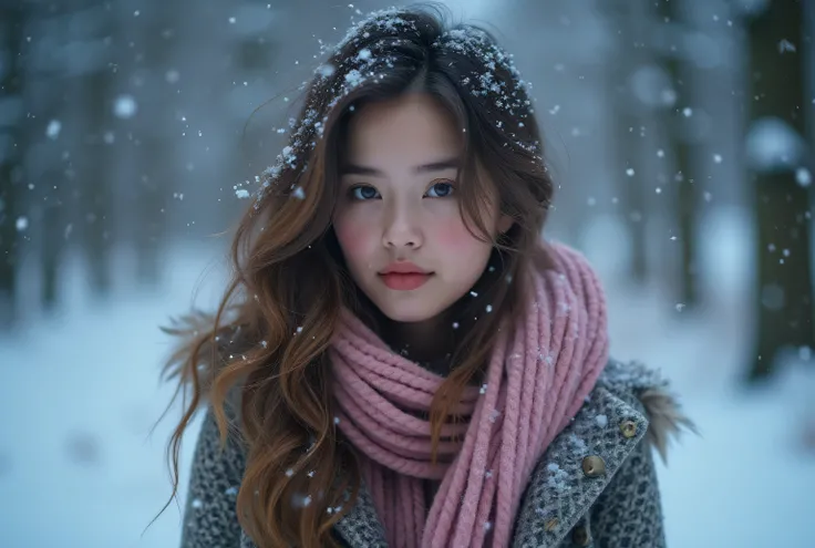 (masutepiece:1.3, Photorealsitic:1.4, 8K), top-quality, ​masterpiece, 超A high resolution, Perfect dynamic composition, Highly detailed skin and facial texture:1.3, A detailed eye, Detailed limbs, Winters, (snowflakes falling:1.2), Snowfall landscape at nig...