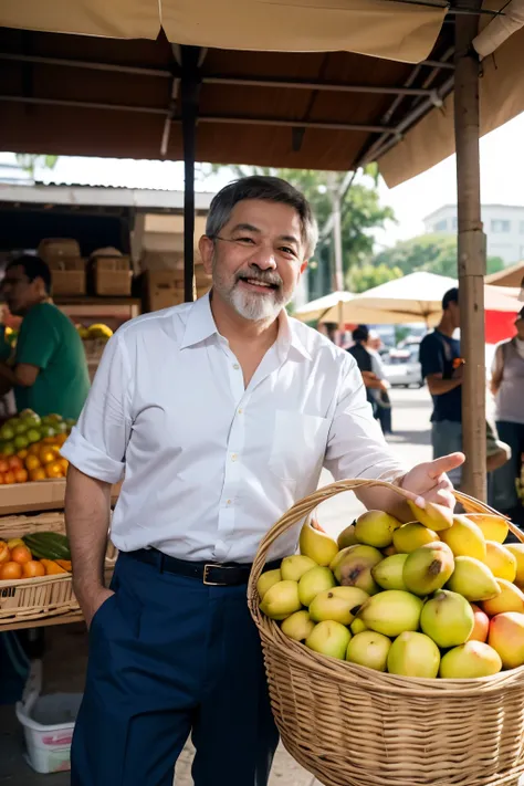 /imagine prompt: A highly detailed full-body portrait of 78-year-old Brazilian president Lula (Luiz Inácio Lula da Silva) with white short hair, a trimmed white beard, and warm brown eyes, wearing a casual blue button-up shirt with rolled sleeves and dark ...