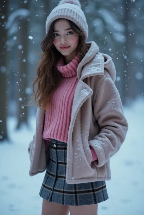 (masutepiece:1.3, Photorealsitic:1.4, 8K), top-quality, ​masterpiece, 超A high resolution, Perfect dynamic composition, Highly detailed skin and facial texture:1.3, A detailed eye, Detailed limbs, Winters, (snowflakes falling:1.2), Snowfall landscape at nig...