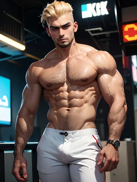 best quality, masterpiece, pronounced abs, big pecs, tiny waist, ((commanding presence)), cocky, arrogant, v-lines, inguinal lines, 8K, HD, 25 year-old masculine man, stylish blonde hair, stylish white pants, sexy, gay, homoerotic, cyberpunk style, vibrant...