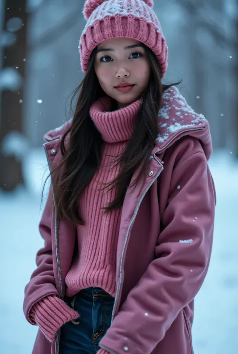 (masutepiece:1.3, Photorealsitic:1.4, 8K), top-quality, ​masterpiece, 超A high resolution, Perfect dynamic composition, Highly detailed skin and facial texture:1.3, A detailed eye, Detailed limbs, Winters, (snowflakes falling:1.2), Snowfall landscape at nig...