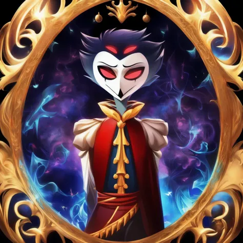 A radiant circular portrait of Stolas from Helluva Boss, exuding elegance and mystique. His deep blue and red plumage contrasts against an ornate, glowing frame adorned with gothic motifs, celestial patterns, and dark magic. Dressed in regal attire, his pi...