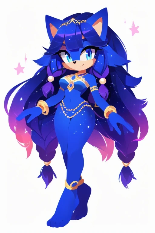 Mobian, female, Cosmic hedgehog, A beautiful light blue hedgehog, purplish blue eyes, very long hair/quills, braided and beaded long hair bangs, long streaks of hair on each side of her face, (star constellation on hair, beads on hair, smooth fur, slim thi...