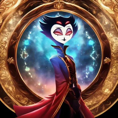 A radiant circular portrait of Stolas from Helluva Boss, exuding elegance and mystique. His deep blue and red plumage contrasts against an ornate, glowing frame adorned with gothic motifs, celestial patterns, and dark magic. Dressed in regal attire, his pi...