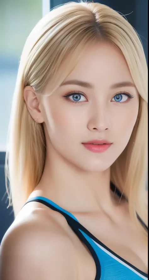 a beautiful blonde-haired girl with blue eyes, wearing tight athletic clothes, doing workout in the gym, bra sports athletic, close up body, muscular fit body, hair tied up, extremely detailed, photorealistic, 8k, best quality, masterpiece, detailed face, ...