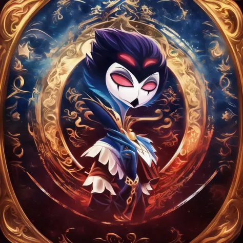 A radiant circular portrait of Stolas from Helluva Boss, exuding elegance and mystique. His deep blue and red plumage contrasts against an ornate, glowing frame adorned with gothic motifs, celestial patterns, and dark magic. Dressed in regal attire, his pi...