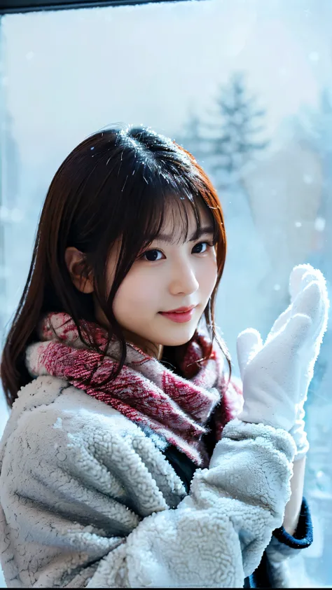 ( fur coat and scarf and gloves  : 1.4), (   through a snowy background through glass  : 1.4), (コーラス : 1.5), bangs, smile, ((white indoor  )),    Young and Adorable Japanese Face Riding on a Snow Background at Night   ,   Official Art,   high image quality...