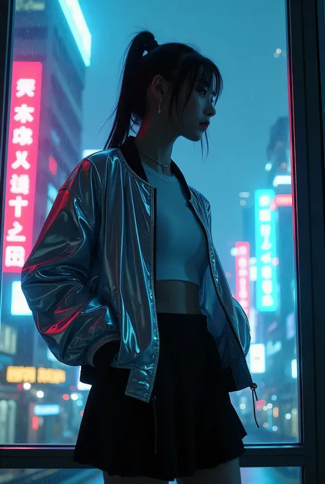  Hyperrealistic, medium shot, silhouette of a slender woman (Irene, a Korean singer) wearing the PUREFXAI outfit, seen through a rain-streaked window. She's backlit by the vibrant neon lights of a futuristic cityscape, creating a dramatic, mysterious atmos...