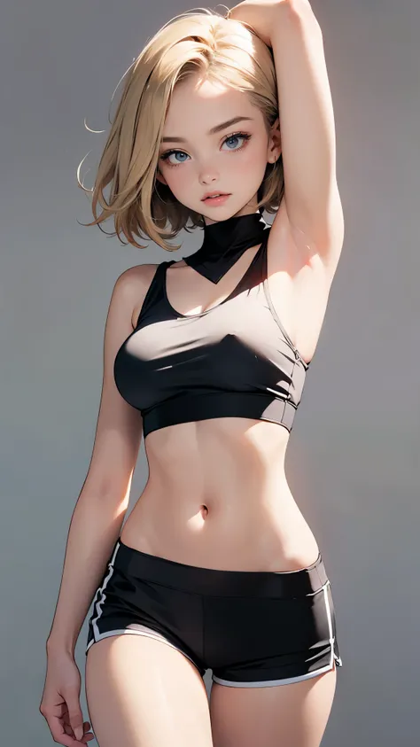 (Cute tween fashion model:1.5), 3/4 photo, bust focus, natural light, tomboy, skinny, thin, slim, lean, slender, nubile, posing for picture, very short hair, blonde hair, blueeyes, natural lighting, armpits, thin waist, thin hips, perfect lips, fat lower l...