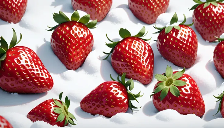 
                 close-up still life of strawberries against a thick white snow background. Real and accurate anatomy  .  Extremely delicate texture . Clear and detailed animation .  high quality.  actual .