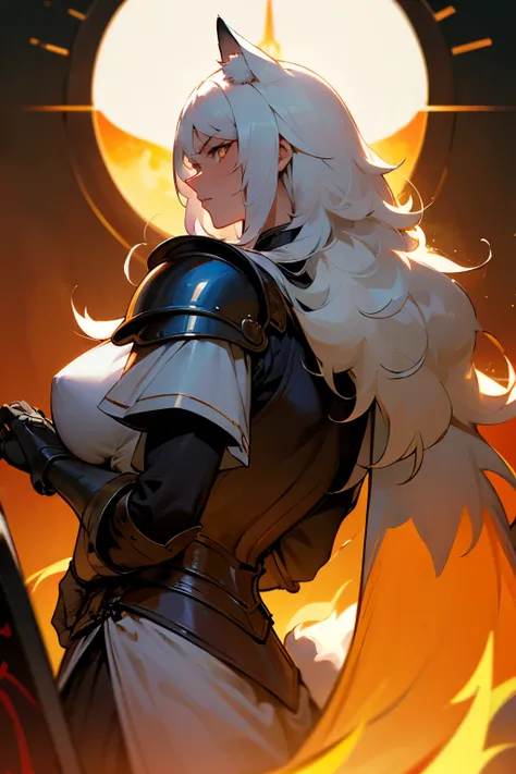 master masterpiece, 4k, highly detailed, woman, mature woman, organge palette, cat ears, white hair, curly hair, white hair, white fur, orange eyes, paladin, sun magic, sun flames, medieval, armor, medival armor, athletic body, muscular, defined body, impo...