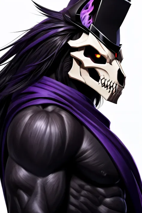 purple hell mountain, Void Wolf Skull, Sexy black samurai hat, black samurai costume, long hair samurai, black scarf, musculine, handsome, evening, White background, evening pose, Sexy, Black body, half body portrait