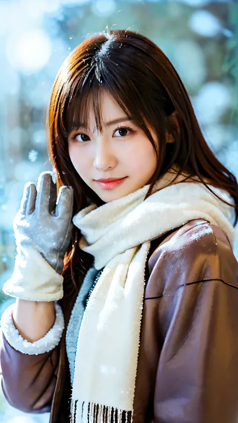 ( fur coat and scarf and gloves : 1.4), ( through a snowy background through glass : 1.4), (コーラス : 1.5), bangs, smile, ((white indoor )), Young and Adorable Japanese Face Riding on a Snow Background at Night , Official Art, high image quality...