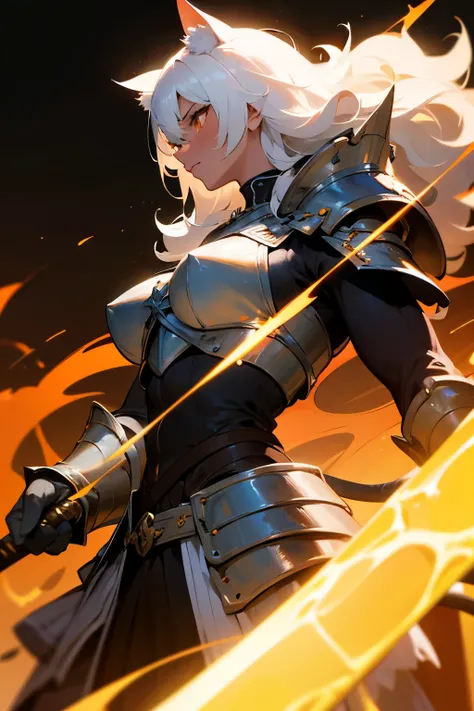 master masterpiece, 4k, highly detailed, woman, mature woman, organge palette, cat ears, white hair, curly hair, white hair, white fur, orange eyes, paladin, sun magic, sun flames, medieval, armor, medival armor, athletic body, muscular, defined body, impo...