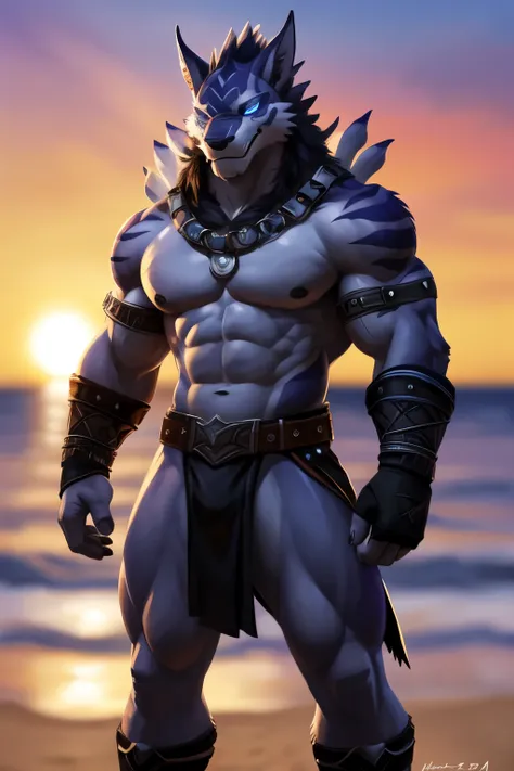 Weregarurumon. 4k, high resolution, the best quality, Posted on E621, only, Anthropogenic body, male, adult, male, ( very muscular:1.2), anatomy correct, ( beach background, deep sea , Sky background, sunset lens :1.0), ( blurred background, blurred backgr...