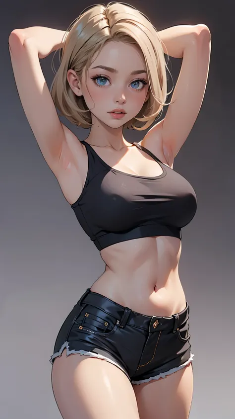 (Cute tween fashion model:1.5), 3/4 photo, bust focus, natural light, tomboy, skinny, thin, slim, lean, slender, nubile, posing for picture, very short hair, blonde hair, blueeyes, natural lighting, armpits, thin waist, thin hips, perfect lips, fat lower l...