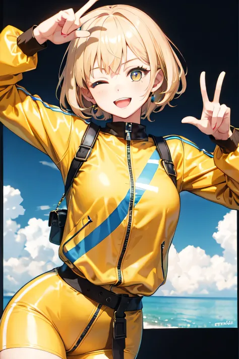 girl,peace sign,blonde,one eye closed,gal style clothing,posing for the camera,yellow clothes,twocolor