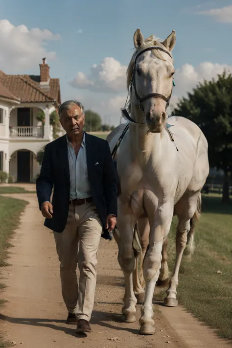 A man walks with a large white horse shank
