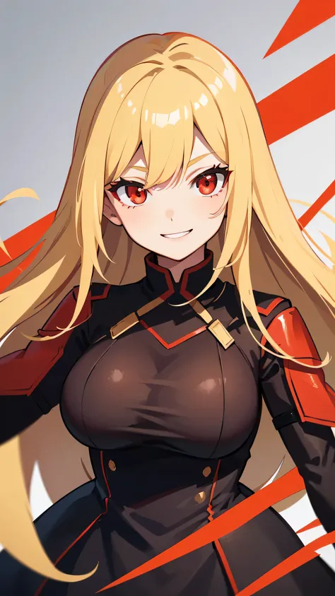  one woman,red black combat , standing， glare，(  pretty brave smile ), big breast, beautiful face,green, long hair,   straight hair , blond, orange red eyes, Navajo white background ,Since before,  anime style ,(( high image quality)), Americans