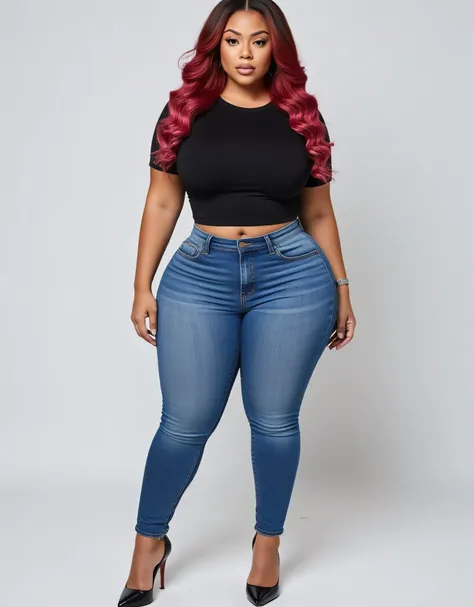 Full body, front view, African,  , Burgundy Lace gradient pink hair, bigboobs, ((jeans, t-shirt, high heels, (((plus size curvy body, wide hips))) )), plain background
