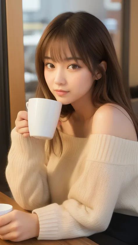 A beautiful young Japanese woman sitting in a cozy cafe, holding a warm coffee cup, soft natural lighting, slightly tousled long brown hair, wearing an off-shoulder sweater, gentle eyes, warm atmosphere, blurred background, realistic style, ultra HD