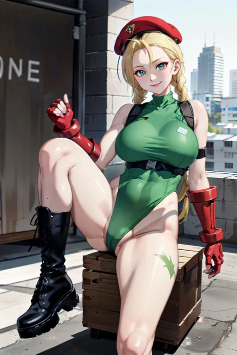  Cammy Whites FXL, ,  blue eyes,  blond hair left and right,  long hair ,  double blade  ,  antenna hair,  camouflage , Red Beret ,  big boobs,  shoulder out ,  Green Dress , Black harness,  red gloves , Fingerless gloves ,  black boots,  alone,  full body...