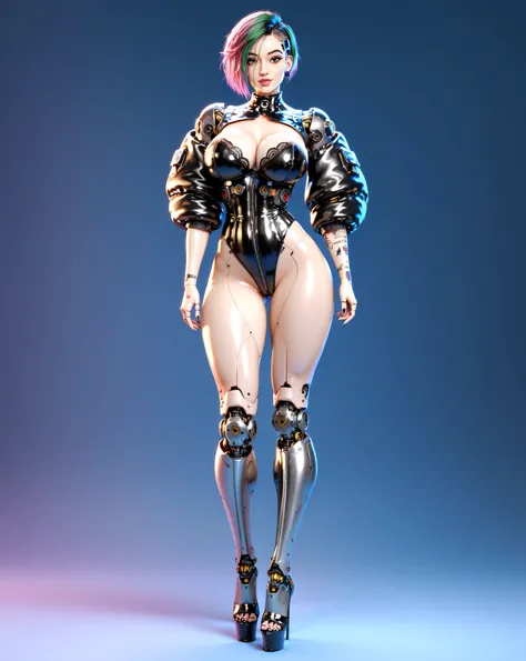 Synthetic Judy Alvarez (Magnificent Anatomy, (complex parts:1.12), HDR, (complex parts, hyperdetailing:1.15) Detiled cybernetic body. (hyperrealistic synthetic shiny plastic skin texture, soft light, spicy:1.2) Super skinny waist. Huge beautifully shaped b...