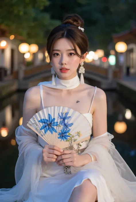 (Detailed body, detailed face, best quality: 1.2), mid-length portrait of a beautiful Korean female model, looking at the viewer, single bun, chestnut hair, strong light and shadow effects, bird feather earrings, necklace, diamond waist chain around waist,...