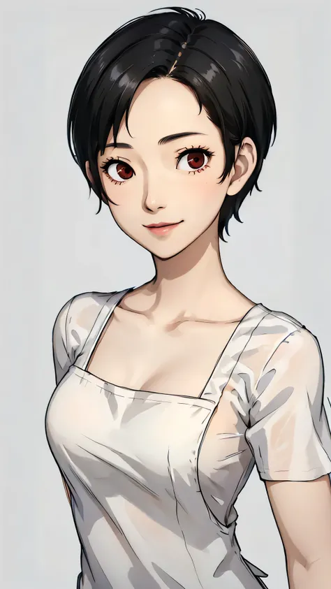 1girl, smile, tomboy Pixie haircut, very Short hair, black hair, white shirt, medium breast, black apron, forehead  face portrait focus, joyfull smile, red eyes