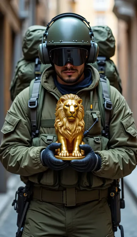 A guy wearing a military helmet took military headphones on his ears and 5th class armor from a large camping backpack on his back and holding a medium golden lion statuette in his hands and 1 AX-50 weapon on his backpack