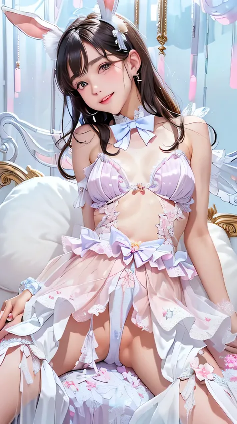 masterpiece, best quality, extremely detailed CG unity 8k wallpaper,((Upper Body)) ,((Upper Body head close-up shot of a beautiful )), , Elegant hair, (Mckenna Grace), ((flat chest, thighs, Autoluminescence skin)), (Glittering tutu,long Bunny Ear Headgear,...