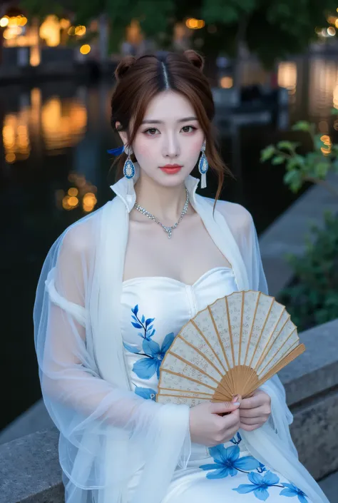 (Detailed body, detailed face, best quality: 1.2), mid-length portrait of a beautiful Korean female model, looking at the viewer, single bun, chestnut hair, strong light and shadow effects, bird feather earrings, necklace, diamond waist chain around waist,...