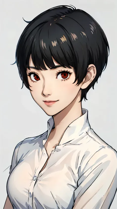 1girl, smile, tomboy Pixie haircut, very Short hair, black hair, white shirt, medium breast, face portrait focus, joyfull smile, red eyes, hair bangs