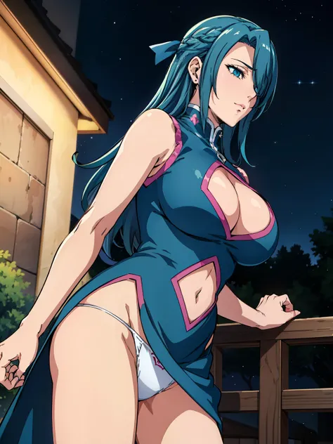 Lifting her skirt, white panties, cyan glitter dress, cleavage cutout, sleeveless cutout, navel cutout, at backyard, night time, AzumaFubuki, anime cels style, best quality, high resolution, 1girl, (large breasts:1.2), beautiful face, long hair, hair over ...