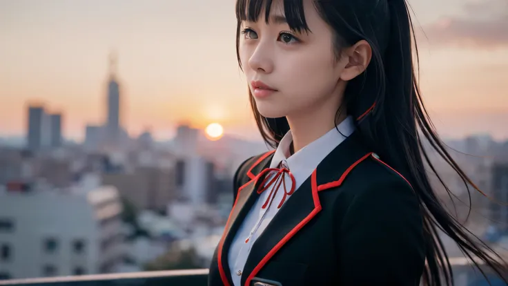 (Close up profile shot of one slender small breasts two side up black medium hair bangs girl crying with tears in long sleeves black school uniform with a red trimmed collar and black skirt:1.5)、(One girl is looking at sunset red sky and her hair is blowin...