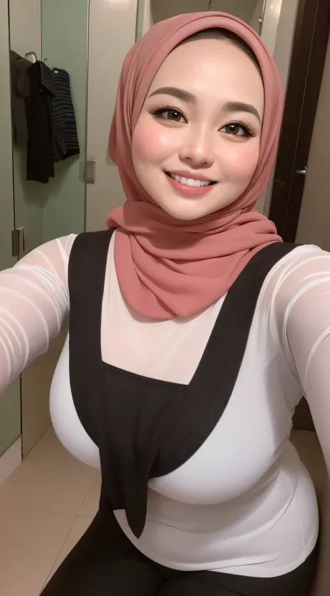 (iu:0.8), RAW, Best quality, high resolution, Masterpiece: 1.3, Beautiful  hijabi bbw chubby malay women ,big eyes, perfect nose, perfect bbw body, wearing sport bra, huge large big breast, Masterpiece, smile teeth.