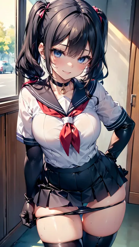  in the seat ，，(( Black Hair Twin Tails)) ，((Very beautiful blue eyes ))，((Orthodox sailor uniform， navy micro mini skirt ，Black leather choker， long black leather gloves ，black long leather boots :1.3))，((4K，8k，CG Unity， masterpiece， masterpiece， top qual...