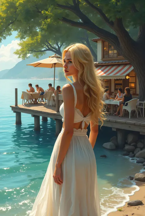 A beautiful blonde woman with long hair is standing at the edge of a jetty, wearing a lovely white dress. Tears are streaming down her face as she looks away from the camera. Behind her, there is a charming cafe bustling with people enjoying their meals un...