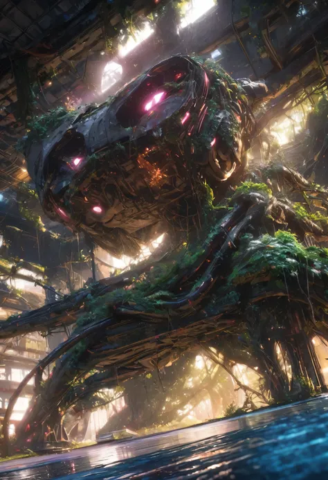 A close-up, looking into the camera, reveals the structure of the old cyberpunk robot tangled in floating vines and luminescent plants, with glowing spores lazily floating around it, scanning the vegetation, Complex CGI, Hyperrealism, Ultra-realistic cinem...