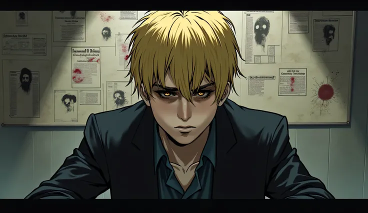 "A dramatic anime-style portrait of Johan Liebert from Monster, sitting in front of a conspiracy board filled with newspaper clippings, red strings, and sketches of his own face. The lighting is moody and dim, with shadows partially covering his melancholi...