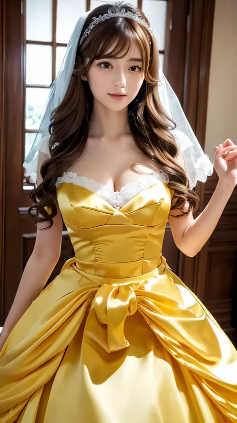 (((top quality))), (((masterpiece))), (((details))), tall, looking at camera, face-to-face, girly empire length wedding dress with deep yellow shiny silk satin ruffle, hands thrust forward, Japanese, brown hair, long hair, gorgeous room,. Gorgeous ribbon h...