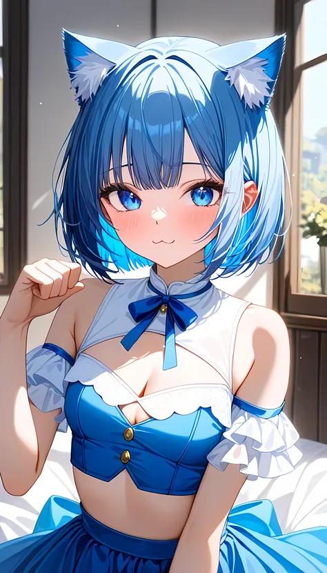 (masterpiece, best quality, amazing quality, very aesthetic, absurdres, newest:1), masterpiece,best quality,amazing quality,1girl,solo,solo girl,medium hair, slyblue hair, ((bob cut )),:3,cat ears,small breasts,petite,( white bolero blouse ), cleavage cuto...