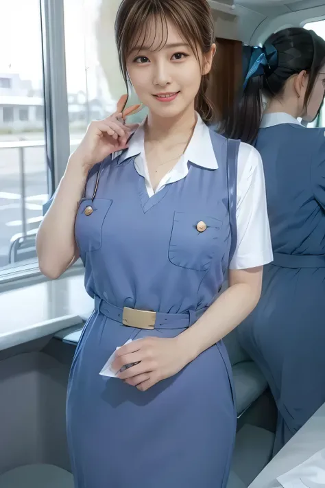 ( Masterpiece:1.2,  top quality:1.2), 32kHDR,  Hi-Res, ( alone、 in the seat)、（Rooftop of a building during the day、  professional lighting ）、Building rooftop background、（ Realistic Style Japan Air System Flight Attendant Uniform Blue ）、（（Japan Air System F...