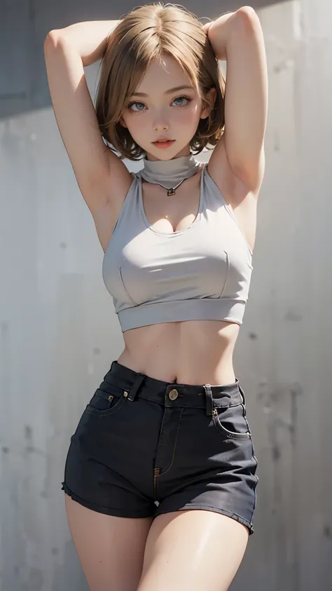 (Cute tween fashion model:1.5), 3/4 photo, bust focus, natural light, tomboy, skinny, thin, slim, lean, slender, nubile, posing for picture, very short hair, blonde hair, blueeyes, natural lighting, armpits, thin waist, thin hips, perfect lips, fat lower l...