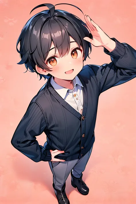 ((A boy:1.3)),((handsome Gay:1.3)),((black hair:1.25)),((short hair:1.25)),((brown eyes)),((ahoge:1.25)),(front view:1.0),(Thick clothing and long sleeves:1.1),(blue check pattern cardigan:1.1),(slacks:1.0),(tilt one's head:1.0),(one hand Salute:1.1),//,((...