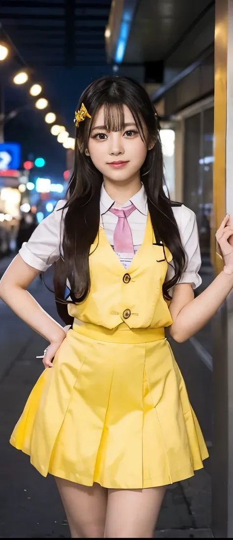  pure waitress idol girl、A pure girl's face、 hypo、、fancy yellow waitress uniform、、Glowing