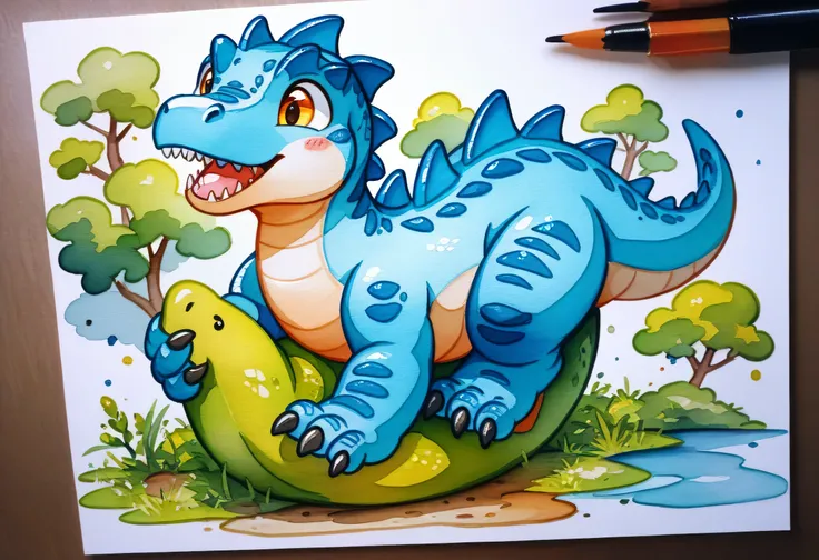 a close up of a watercolor painting of a dinosaur,  cute little blue dragon , dinosaur,  cute little dragon ,   watercolor illustration , trex dinosaur,  cute boy ,  High Quality Illustrations ,  Allosaurus ,  Cutie , Inspired by Abidine Dino,  nacosaurus ...