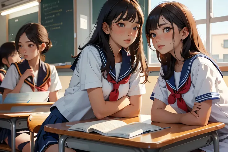 sailor suits having a conversation at a classroom table in a school environment, One girl's skirt was flipped up、My underwear was exposed, Beautiful Attention to Details , Beautiful Detailed Lips , very detailed目と顔, long eyelashes, School setting ...